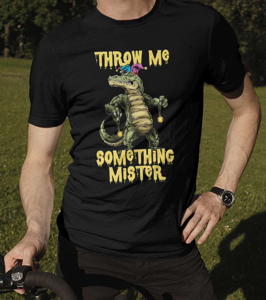 Throw Me Something Mister Mardi Gras Alligator With Beads And Jester Hat T-Shirt