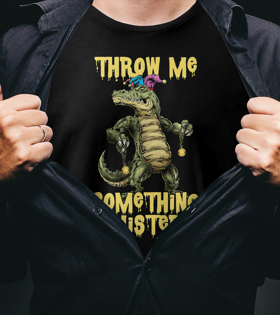 Throw Me Something Mister Mardi Gras Alligator With Beads And Jester Hat T-Shirt