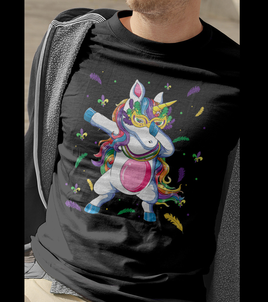 Dabbing Unicorn Mardi Gras Mask Colorful Beads Feathers Fleur-de-lis T-Shirt