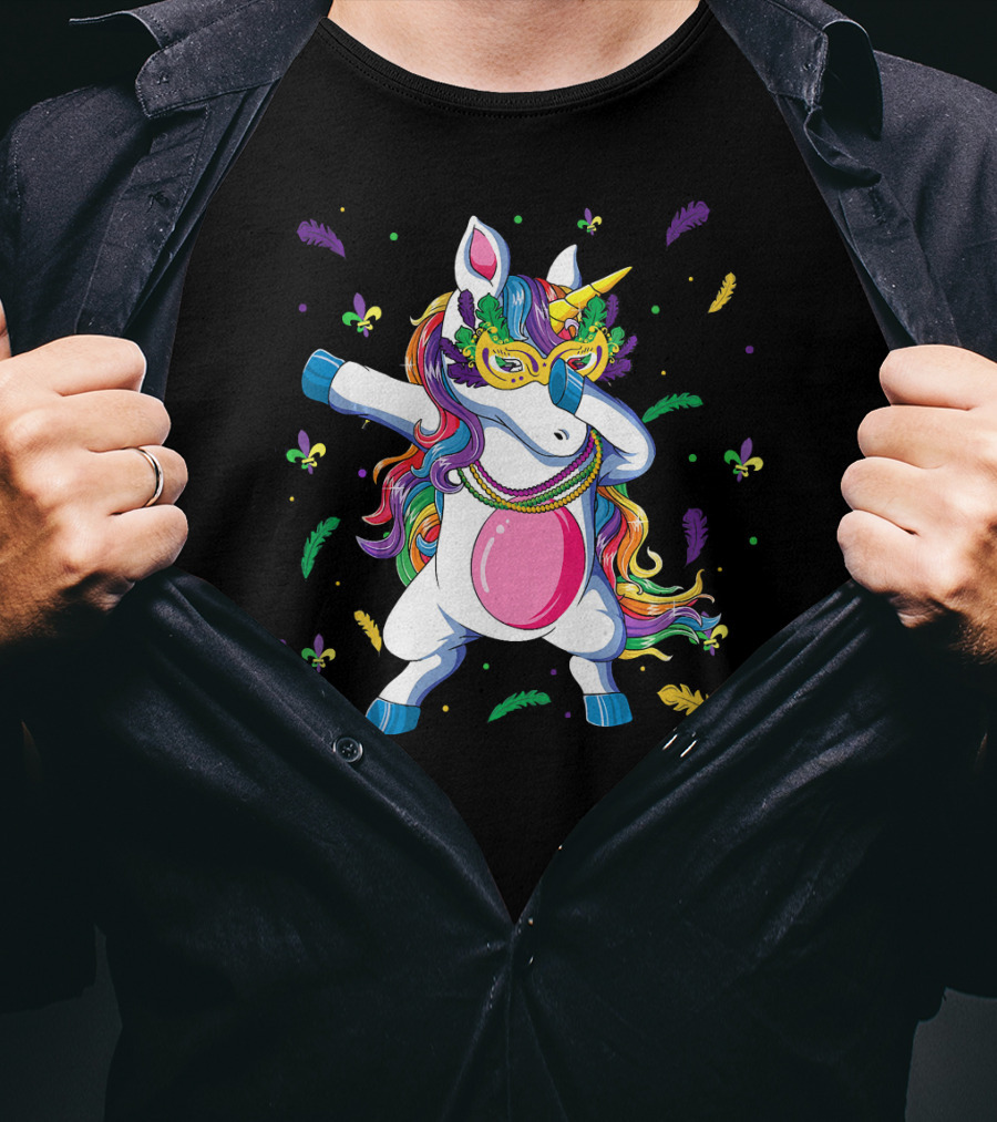 Dabbing Unicorn Mardi Gras Mask Colorful Beads Feathers Fleur-de-lis T-Shirt