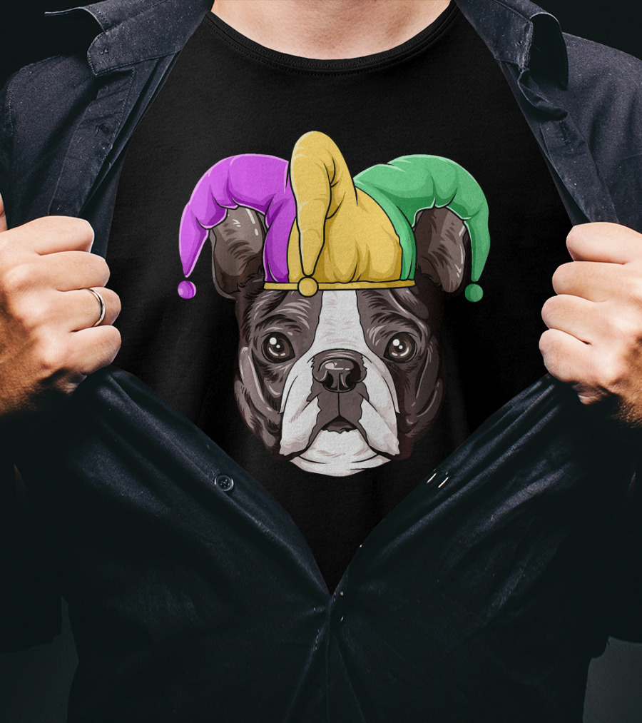Mardi Gras Boston Terrier Jester Hat T-Shirt