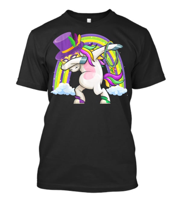 Mardi Gras Dabbing Unicorn Masked With Beads And Hat T-Shirt