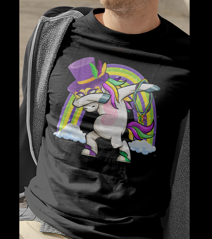 Mardi Gras Dabbing Unicorn Masked With Beads And Hat T-Shirt