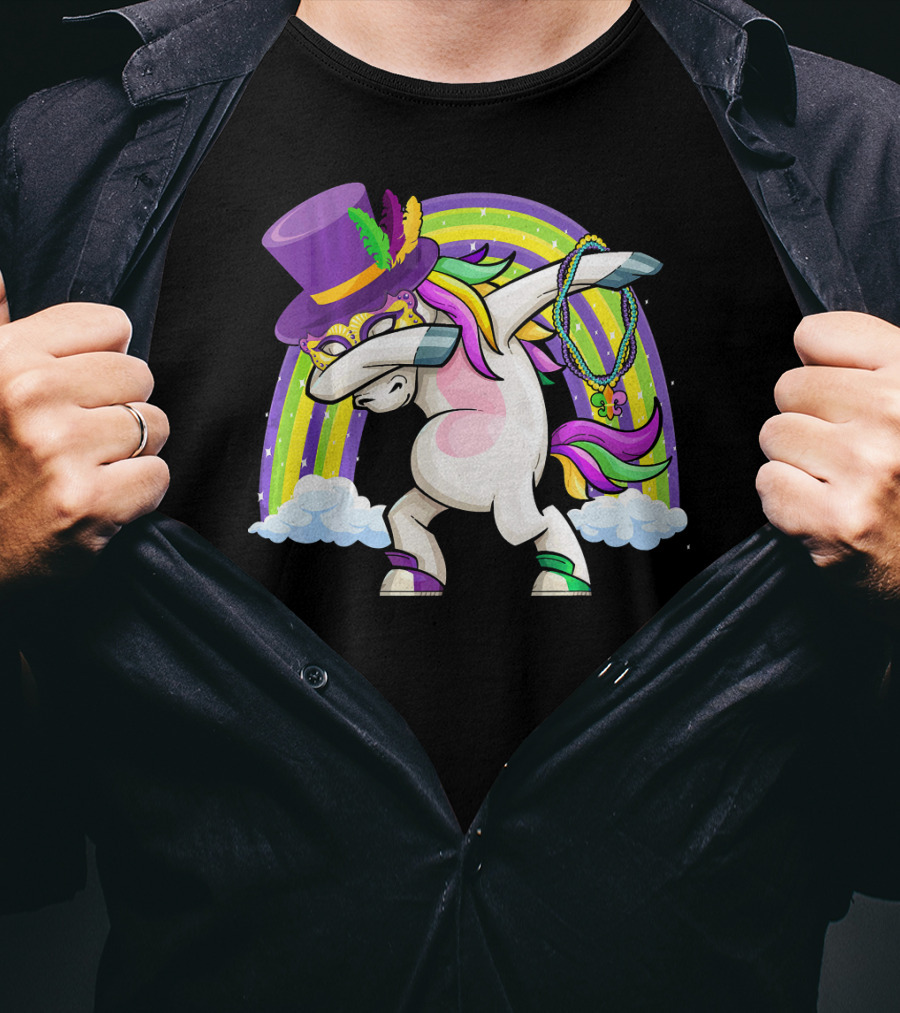 Mardi Gras Dabbing Unicorn Masked With Beads And Hat T-Shirt