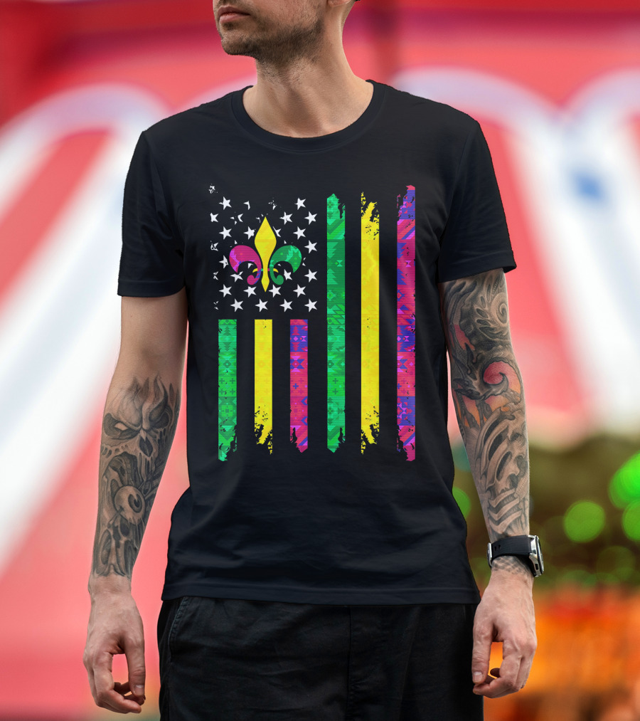 Mardi Gras Colors Fleur De Lis American Flag T-Shirt