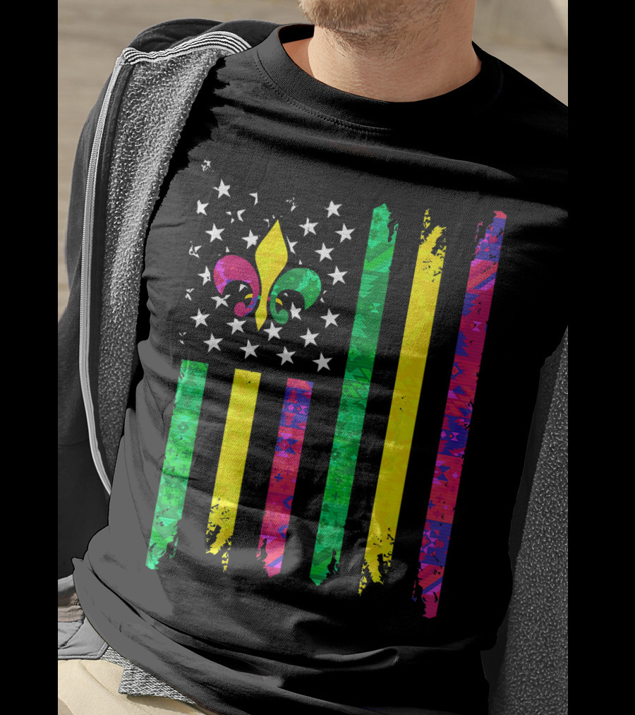 Mardi Gras Colors Fleur De Lis American Flag T-Shirt