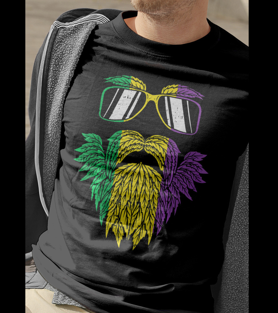 Purple Green Yellow Beard Sunglasses Mardi Gras Hipster T-Shirt