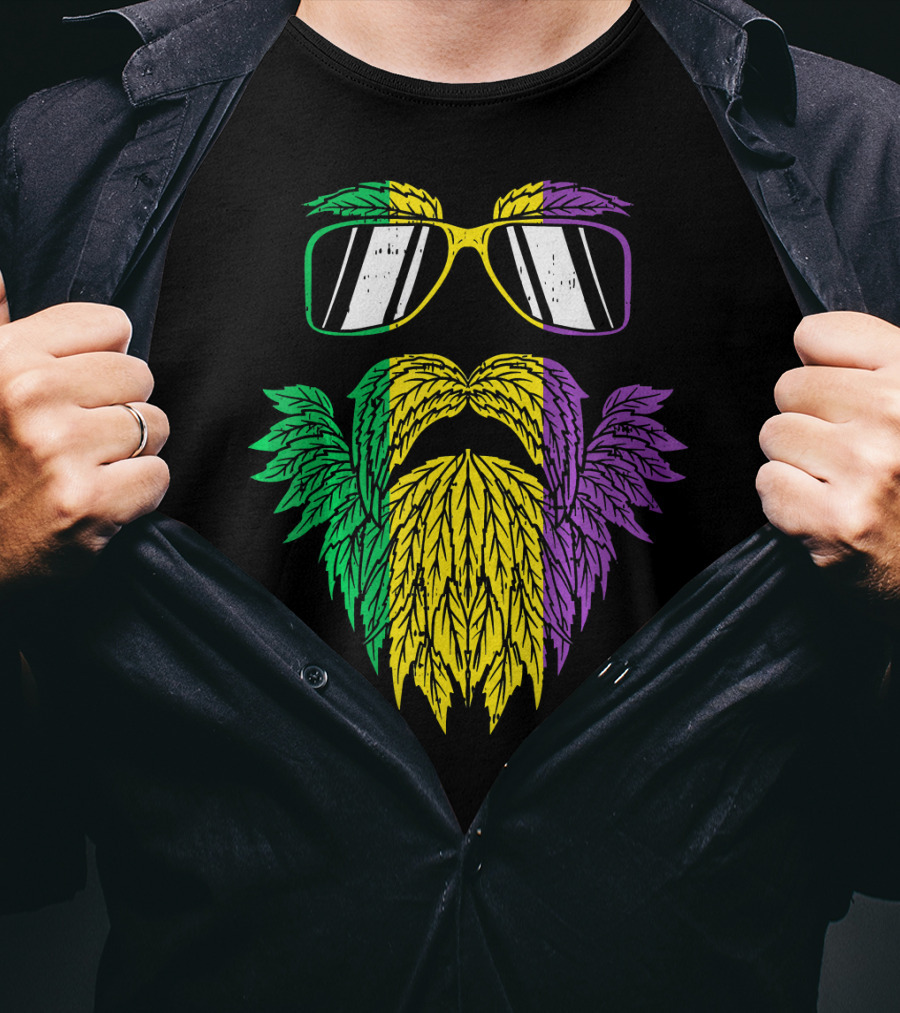 Purple Green Yellow Beard Sunglasses Mardi Gras Hipster T-Shirt