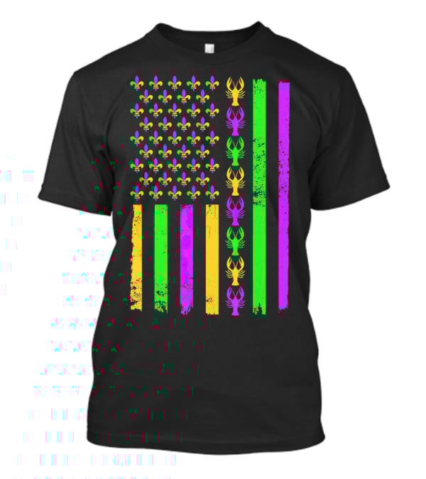 American Flag Fleur De Lis Crawfish Mardi Gras Colors T-Shirt