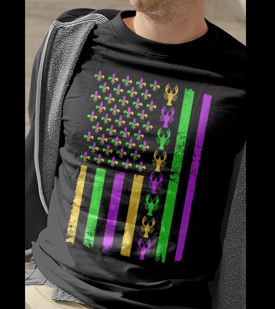 American Flag Fleur De Lis Crawfish Mardi Gras Colors T-Shirt