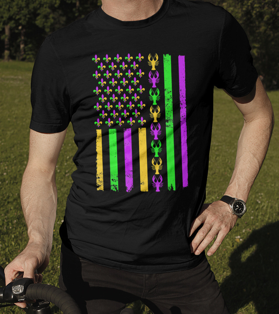American Flag Fleur De Lis Crawfish Mardi Gras Colors T-Shirt