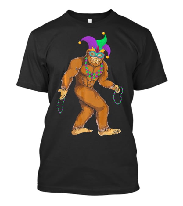 Mardi Gras Bigfoot Wearing Jester Hat Mask And Beads T-Shirt