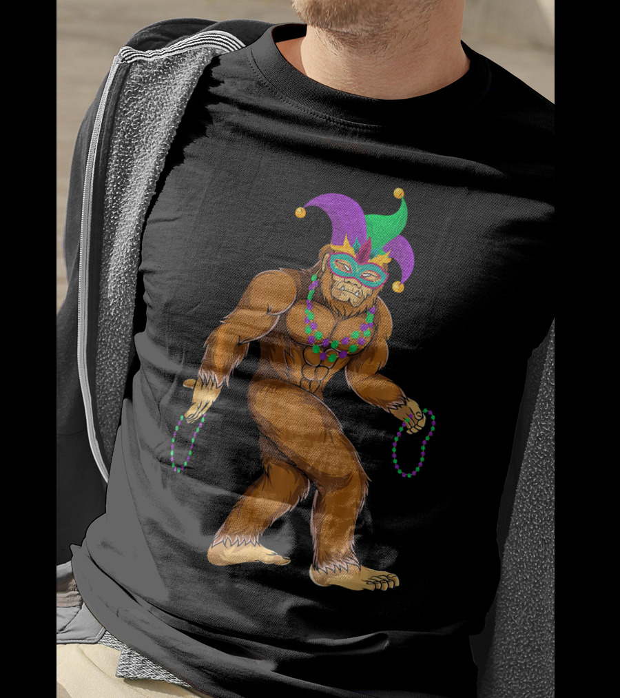 Mardi Gras Bigfoot Wearing Jester Hat Mask And Beads T-Shirt