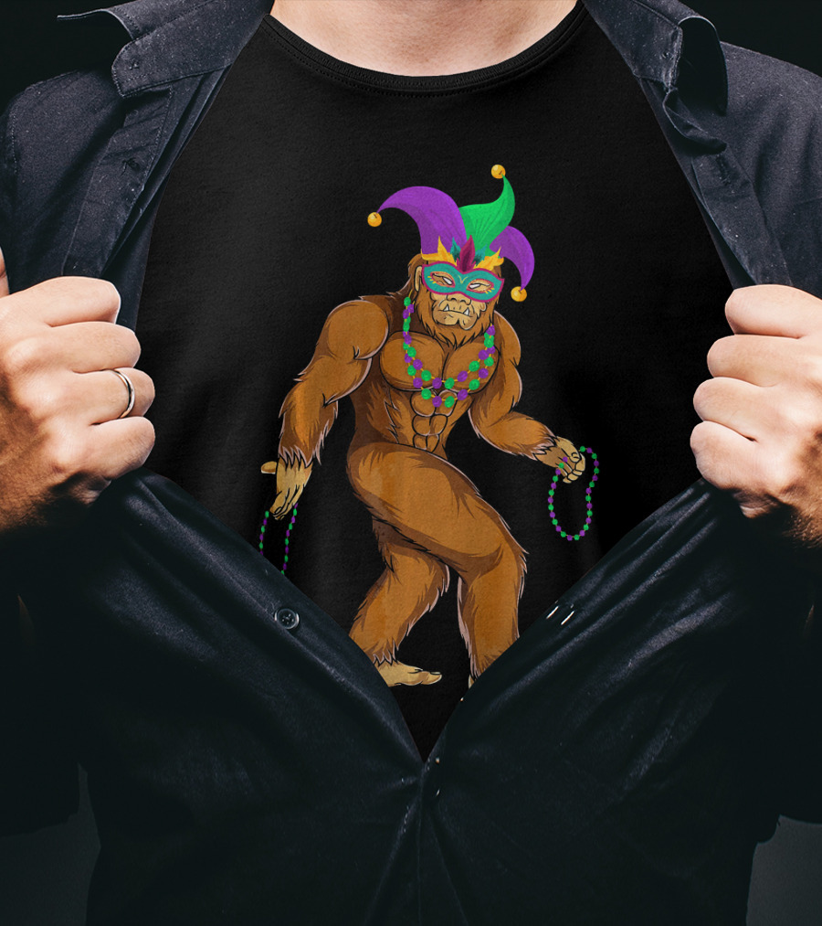 Mardi Gras Bigfoot Wearing Jester Hat Mask And Beads T-Shirt