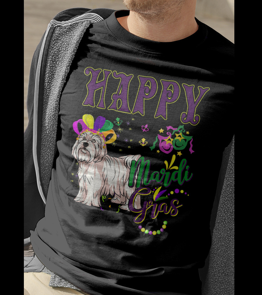 Happy Mardi Gras Maltese With Colorful Masks And Beads T-Shirt