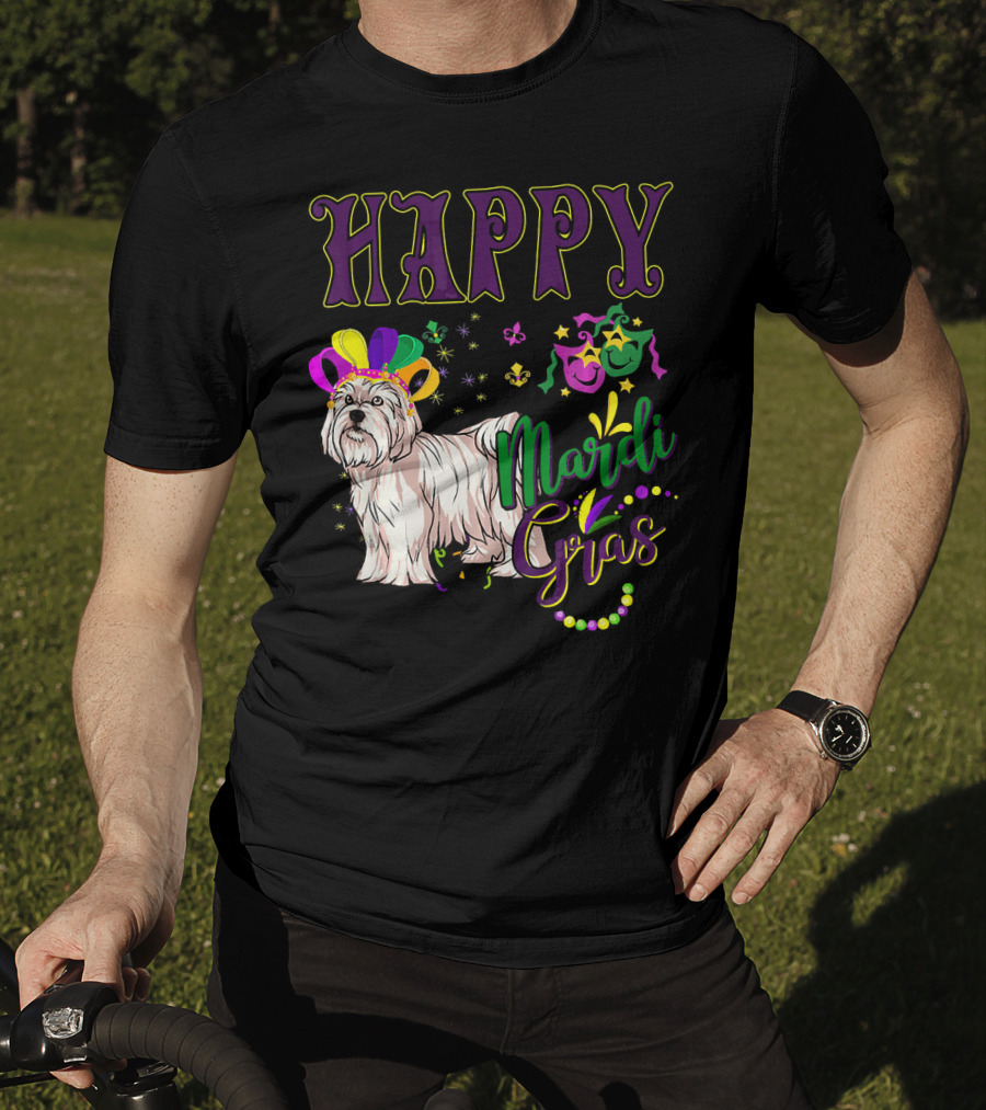 Happy Mardi Gras Maltese With Colorful Masks And Beads T-Shirt