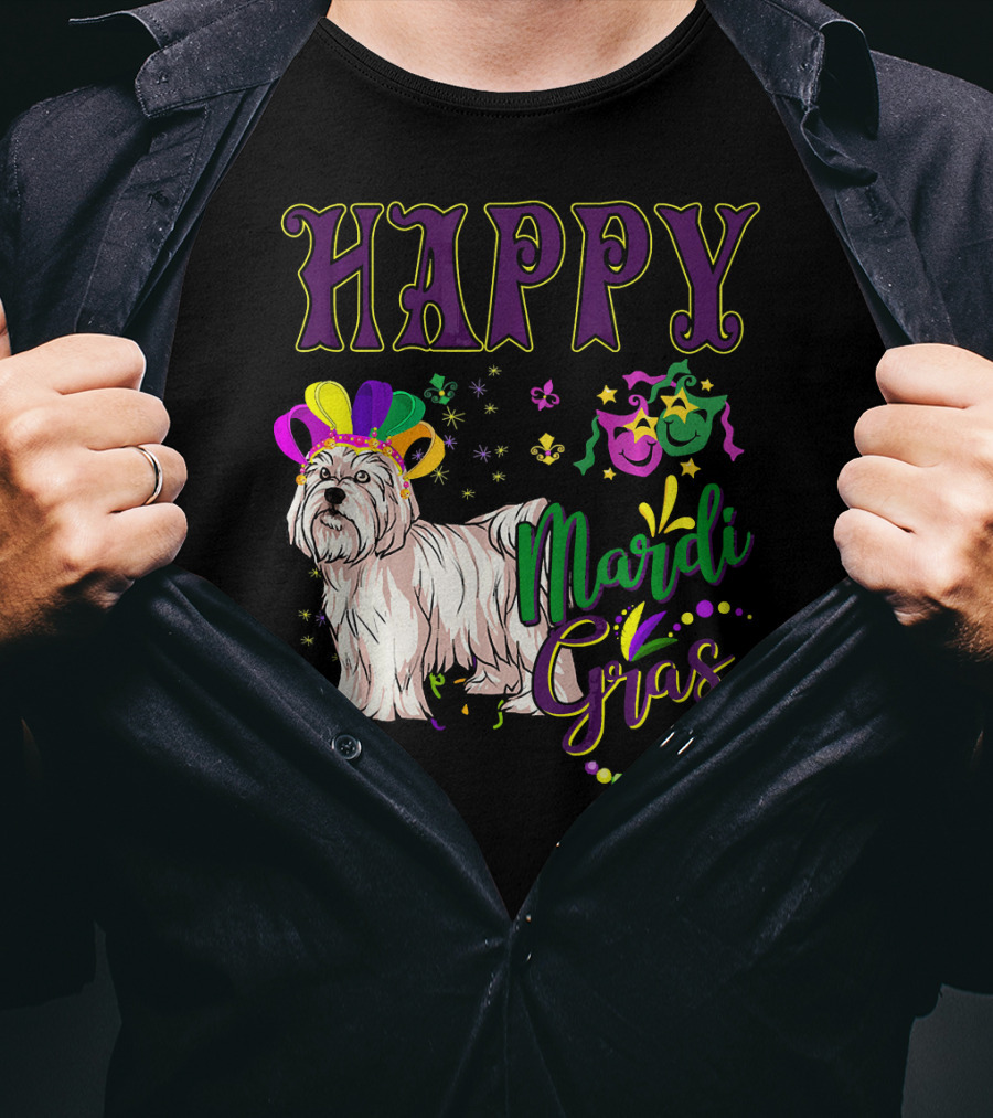 Happy Mardi Gras Maltese With Colorful Masks And Beads T-Shirt