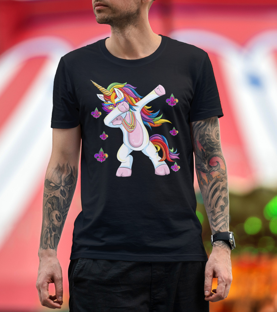 Mardi Gras New Orleans Unicorn Dabbing Fleur-de-Lis Beads T-Shirt