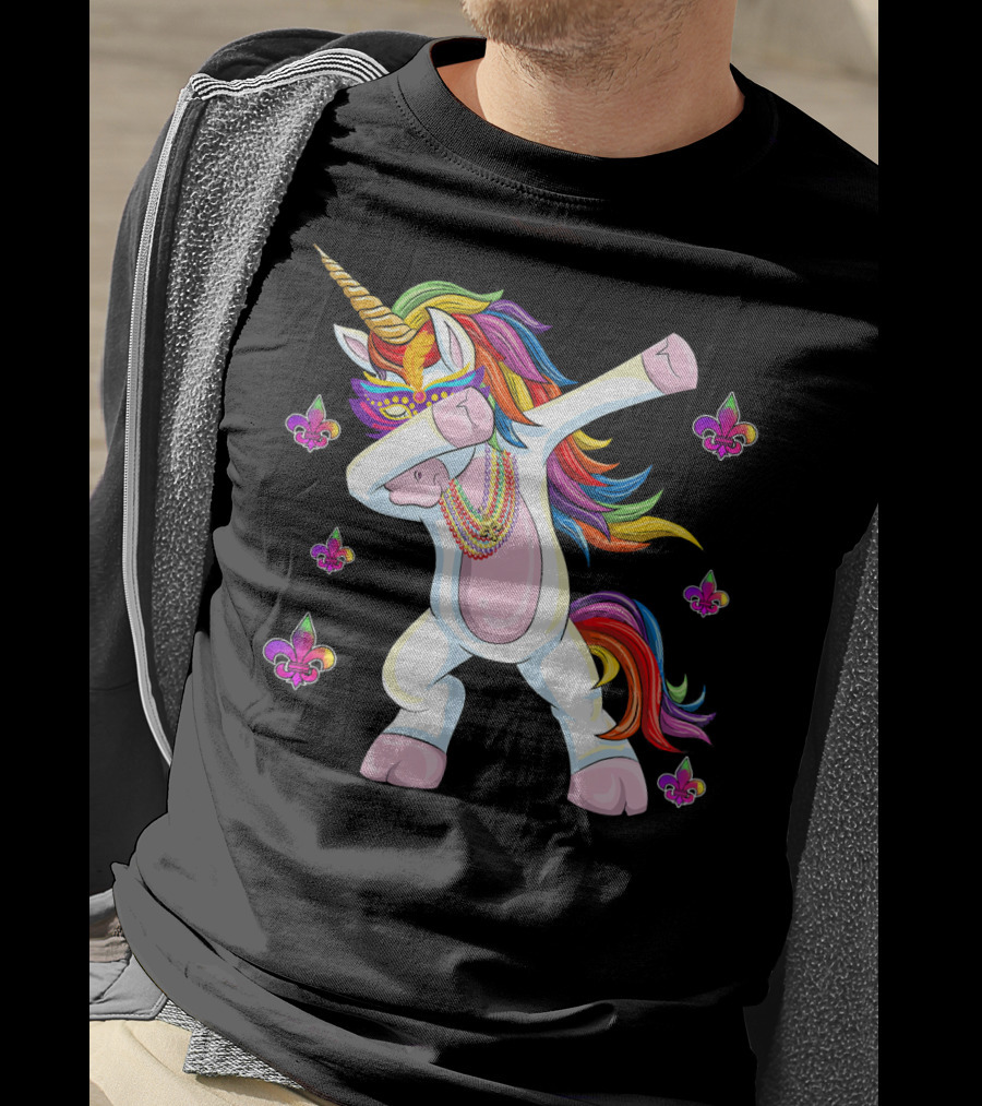 Mardi Gras New Orleans Unicorn Dabbing Fleur-de-Lis Beads T-Shirt