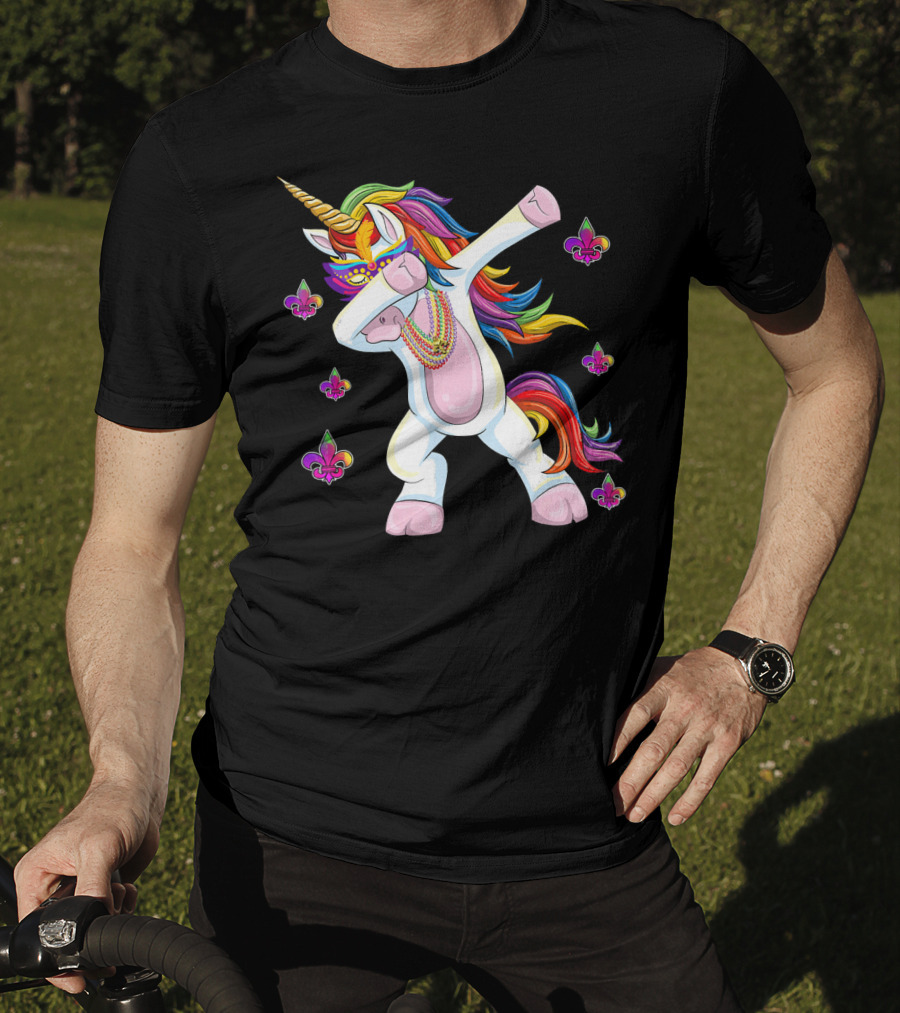 Mardi Gras New Orleans Unicorn Dabbing Fleur-de-Lis Beads T-Shirt