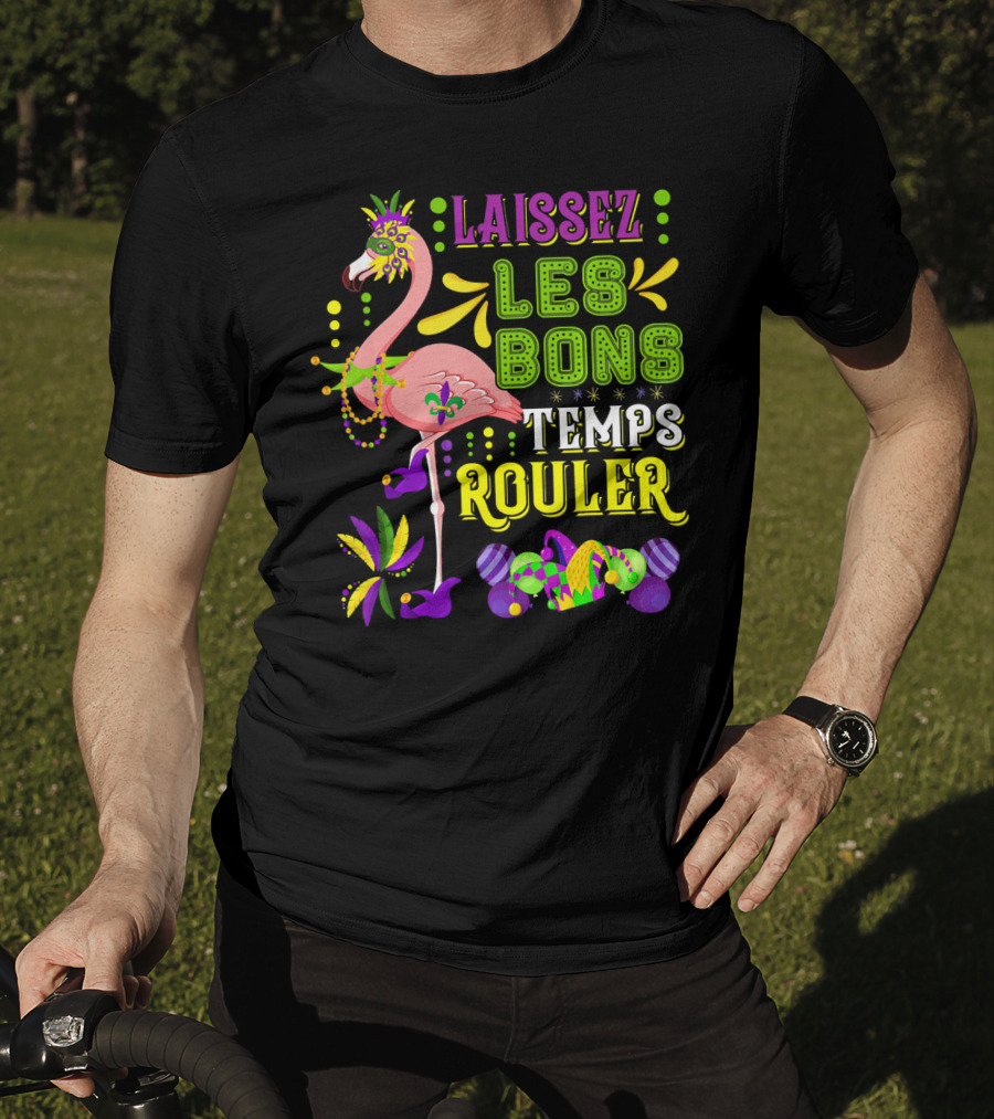 LAISSEZ LES BONS TEMPS ROULER Flamingo Mardi Gras Beads T-Shirt