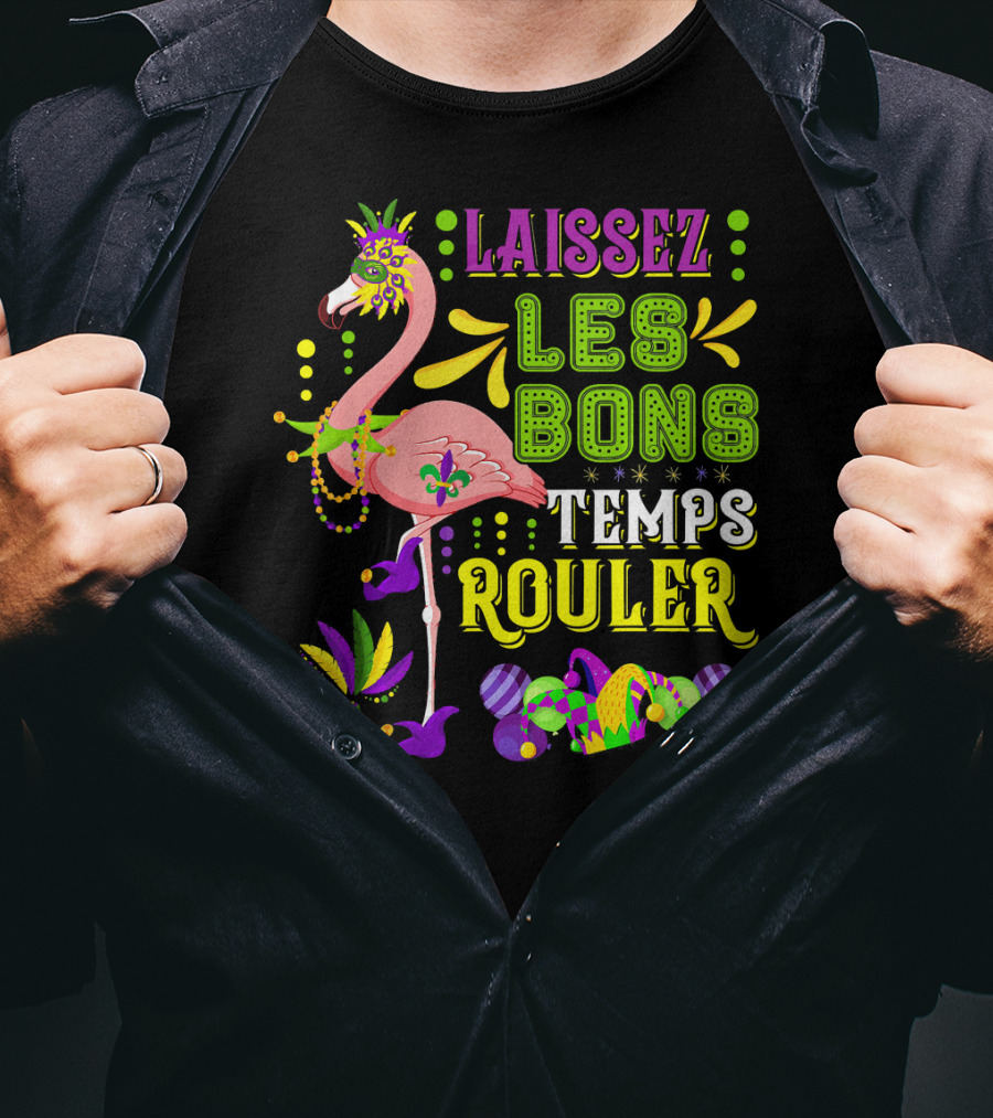 LAISSEZ LES BONS TEMPS ROULER Flamingo Mardi Gras Beads T-Shirt