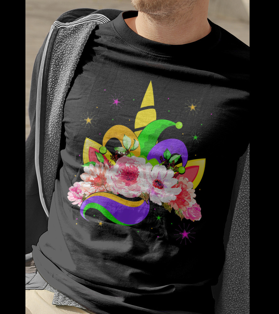 Mardi Gras Unicorn Costume With Mask Bea Floral Headpiece And Colorful Jester Hat T-Shirt