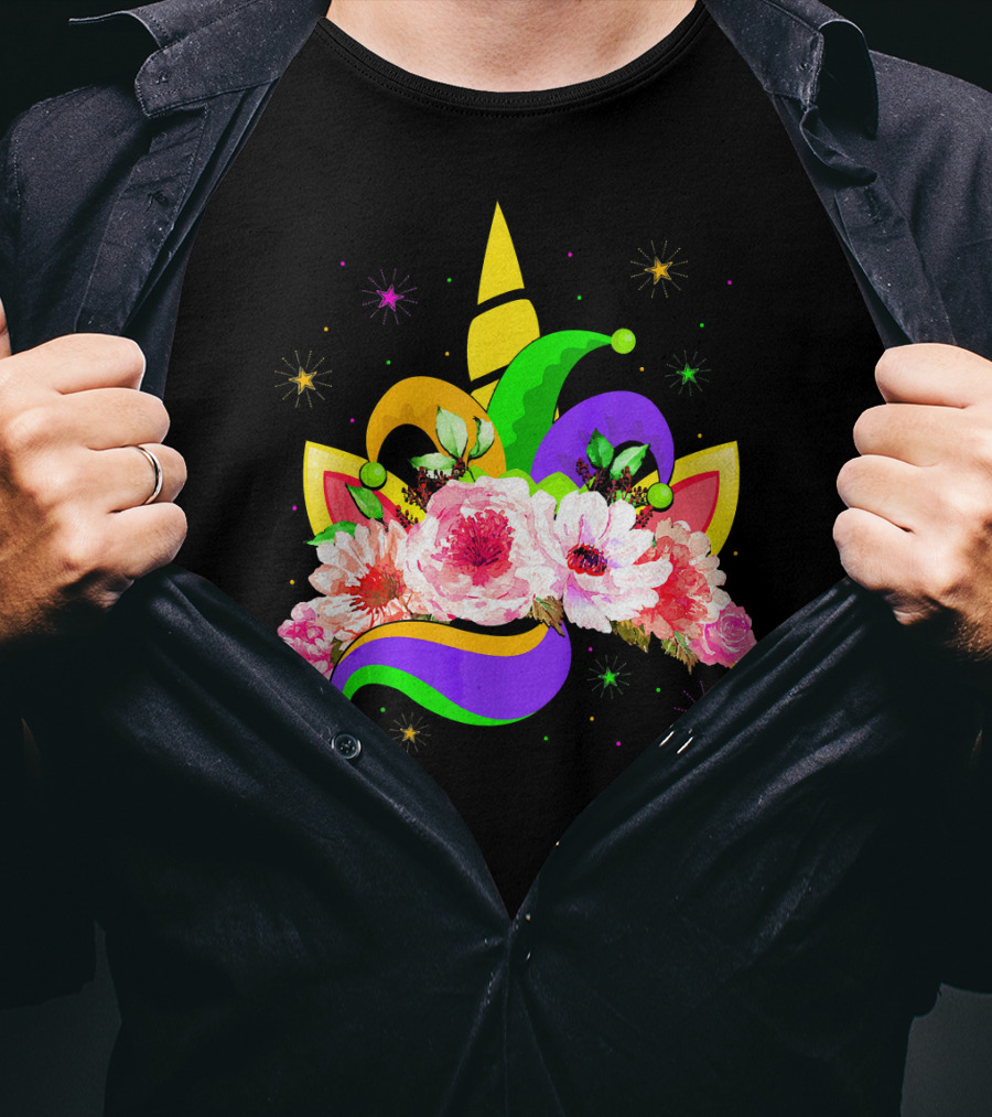 Mardi Gras Unicorn Costume With Mask Bea Floral Headpiece And Colorful Jester Hat T-Shirt