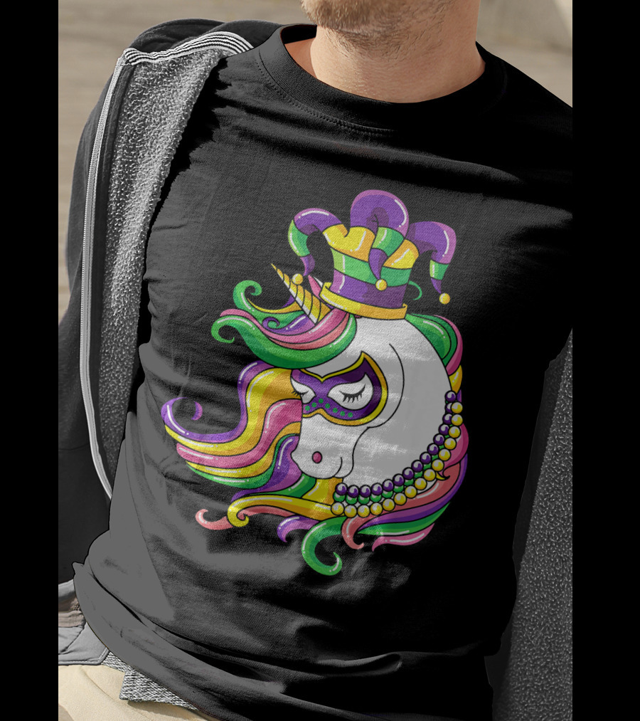 Jester Hat Rainbow Unicorn Mardi Gras Beads T-Shirt