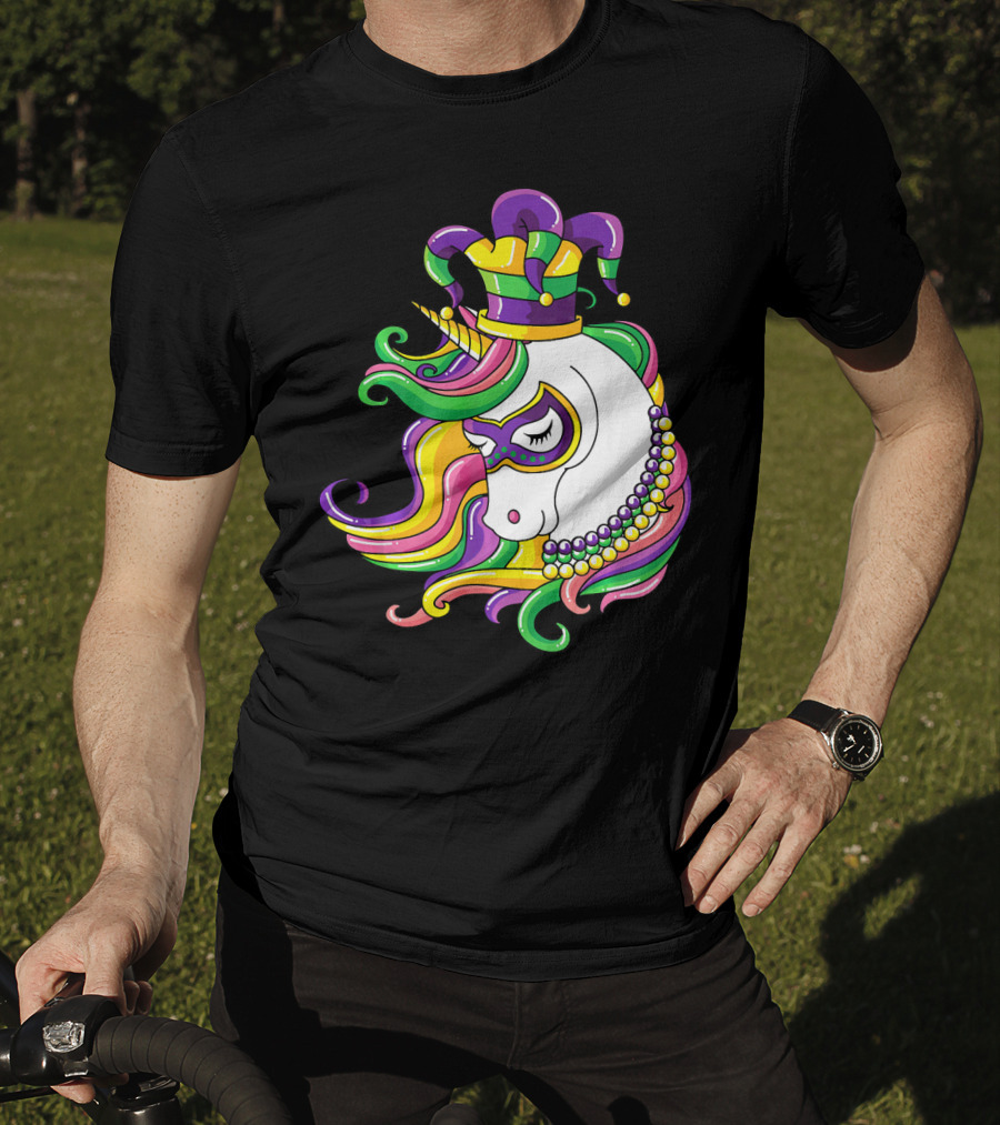 Jester Hat Rainbow Unicorn Mardi Gras Beads T-Shirt