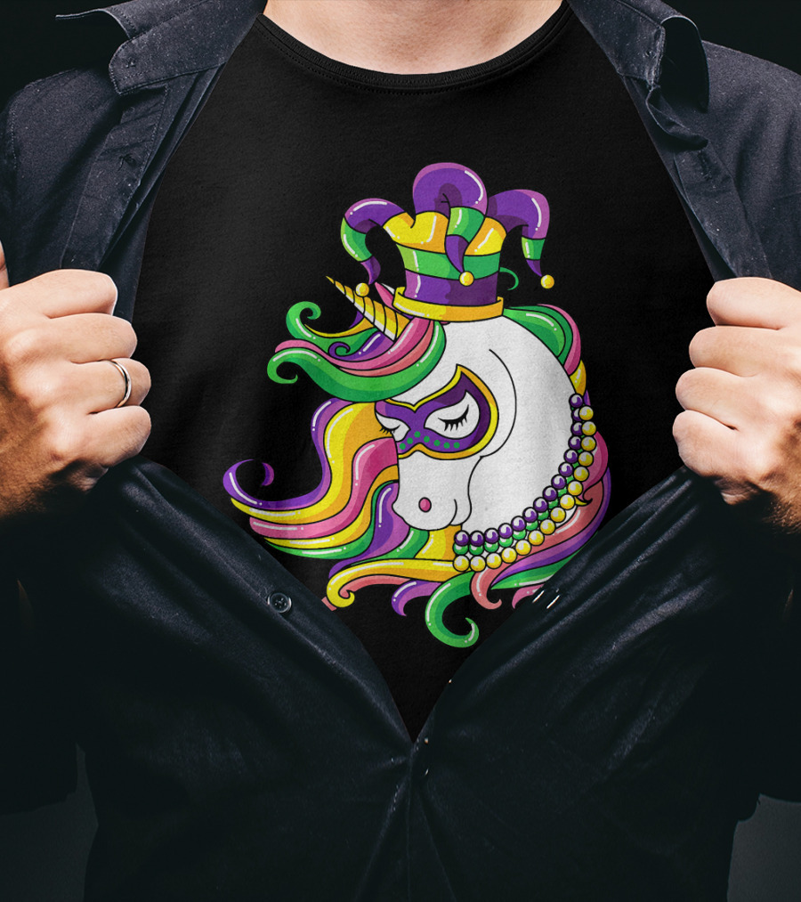 Jester Hat Rainbow Unicorn Mardi Gras Beads T-Shirt