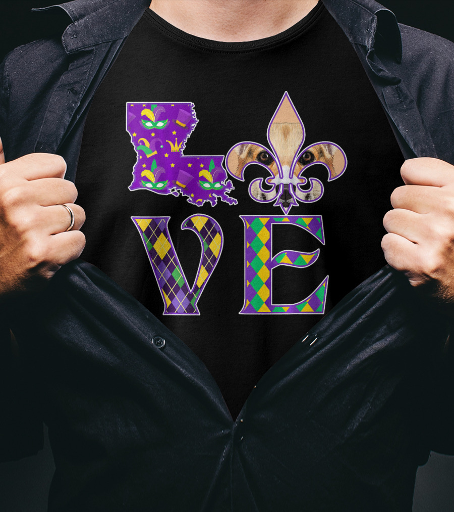 Louisiana Love Mardi Gras Corgi Fleur-de-Lis Mask T-Shirt