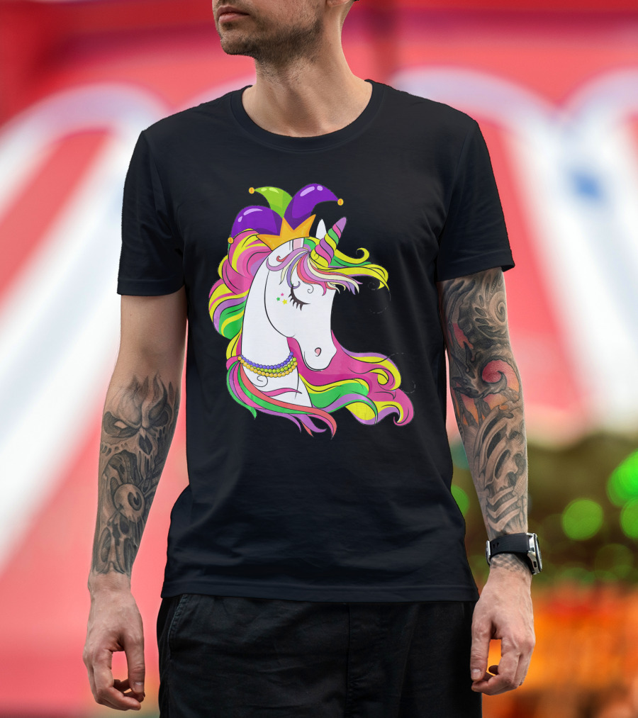 Jester Rainbow Unicorn Mardi Gras Costume with Colorful Mane and Hat T-Shirt
