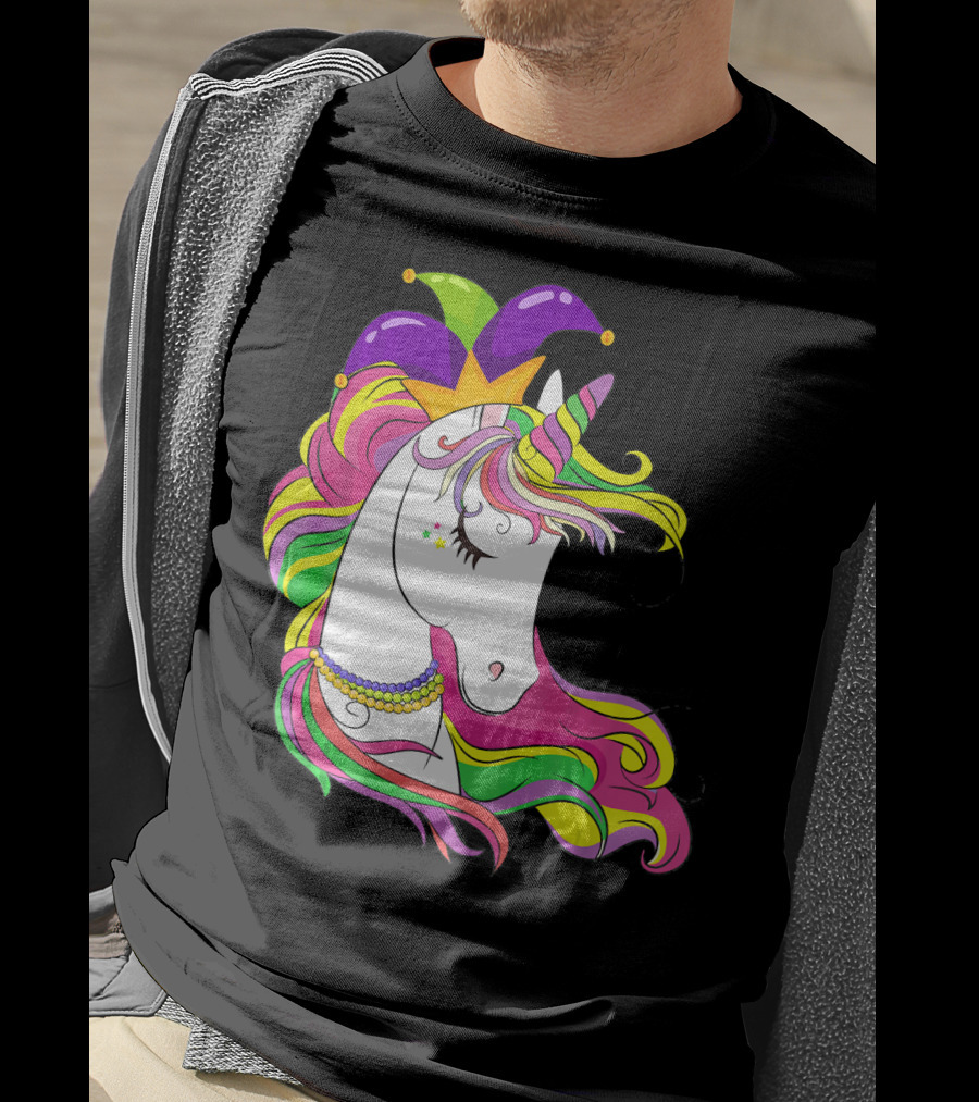 Jester Rainbow Unicorn Mardi Gras Costume With Colorful Mane And Hat T-Shirt