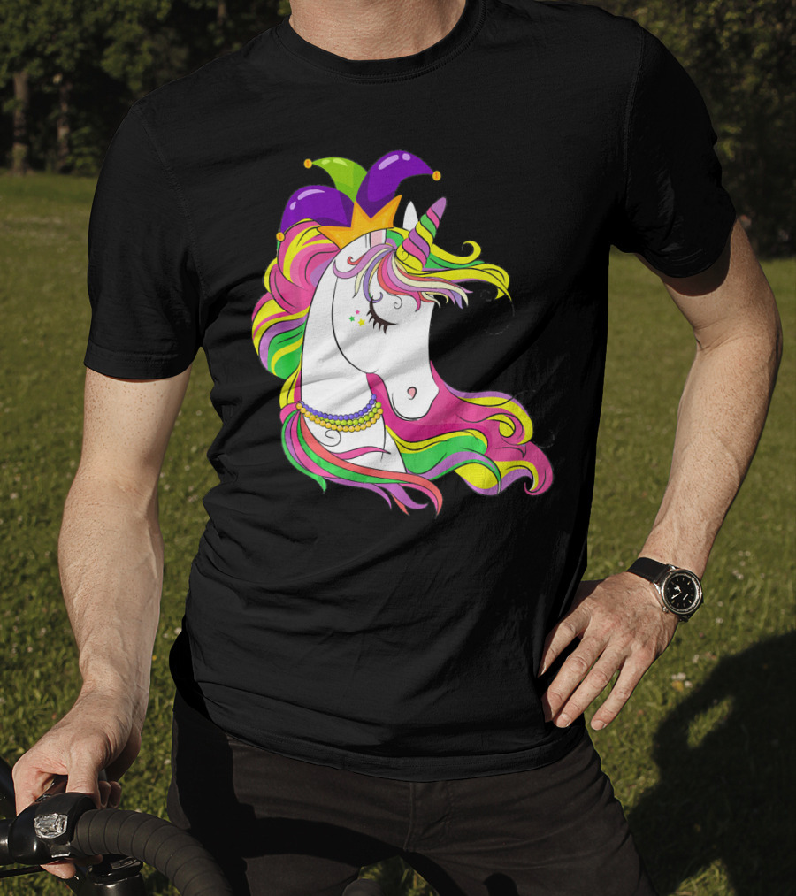 Jester Rainbow Unicorn Mardi Gras Costume With Colorful Mane And Hat T-Shirt