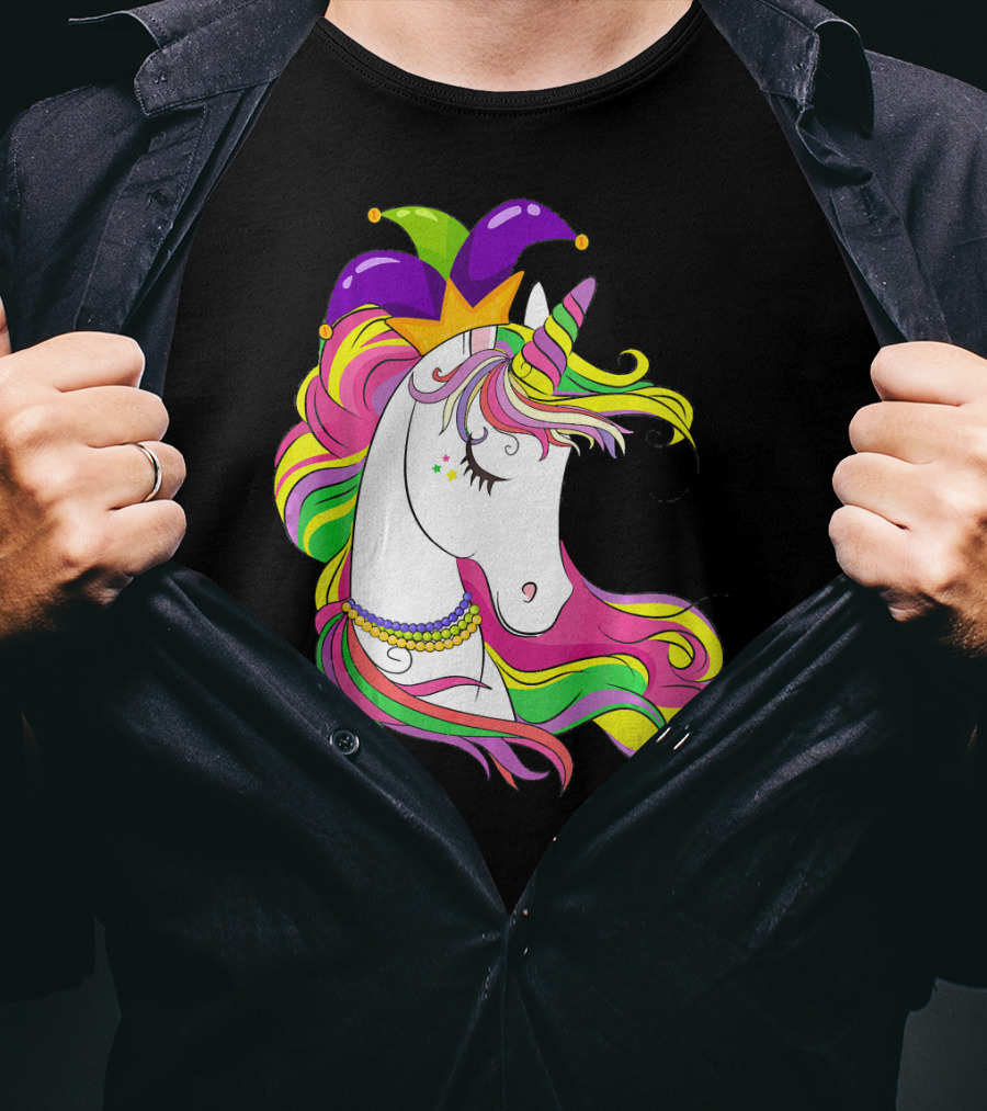 Jester Rainbow Unicorn Mardi Gras Costume With Colorful Mane And Hat T-Shirt