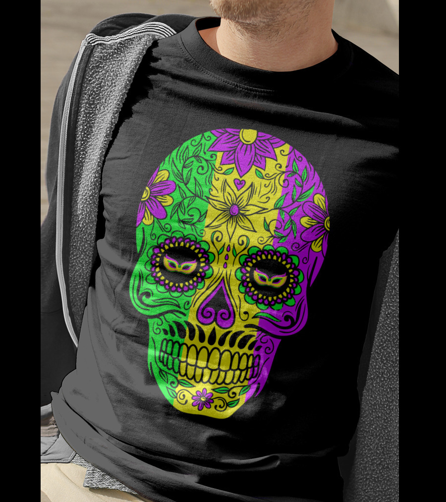 Mardi Gras Sugar Skull With Jester Hat Design And Colorful Floral T-Shirt
