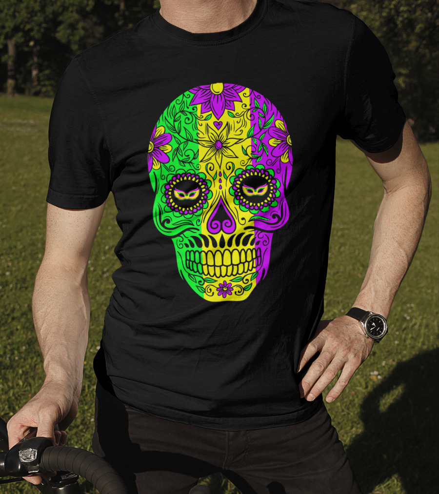 Mardi Gras Sugar Skull With Jester Hat Design And Colorful Floral T-Shirt