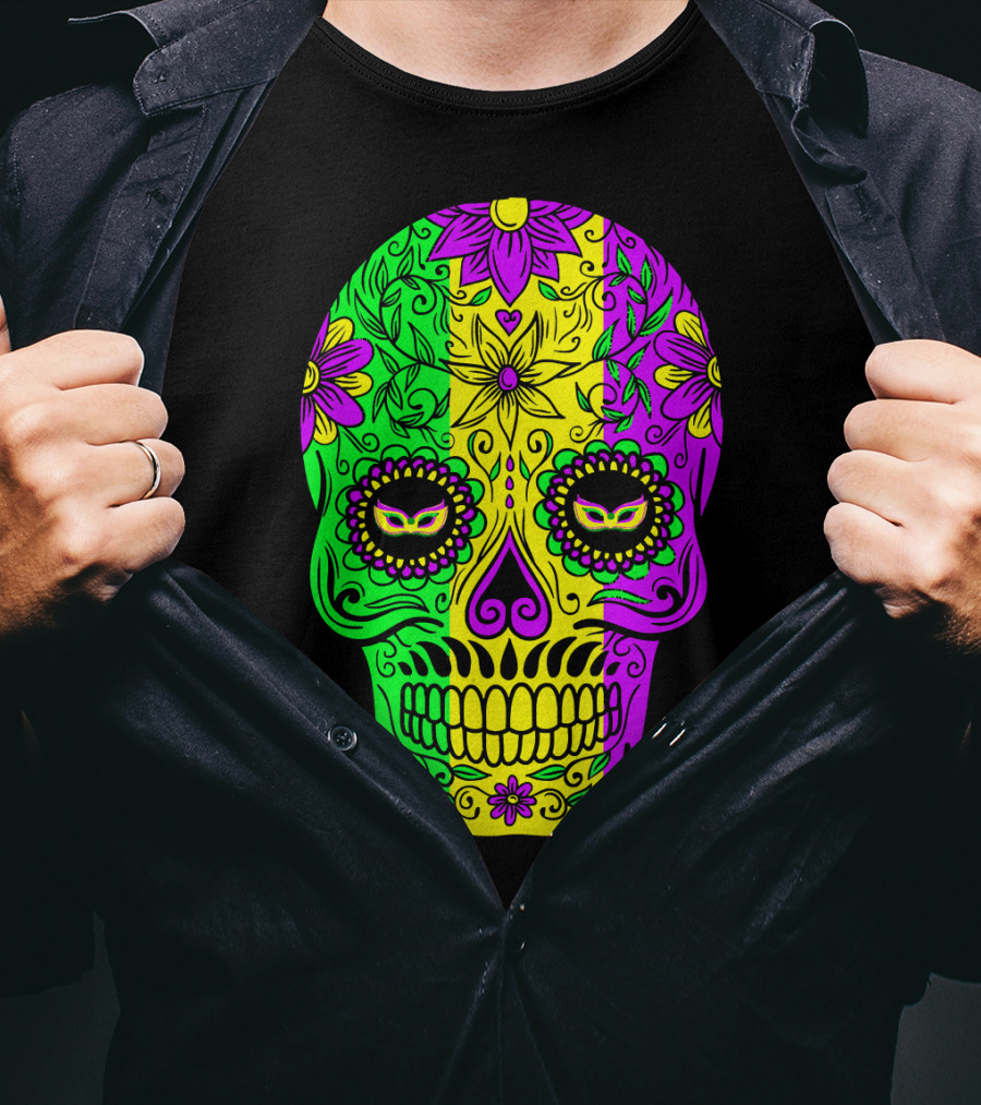 Mardi Gras Sugar Skull With Jester Hat Design And Colorful Floral T-Shirt