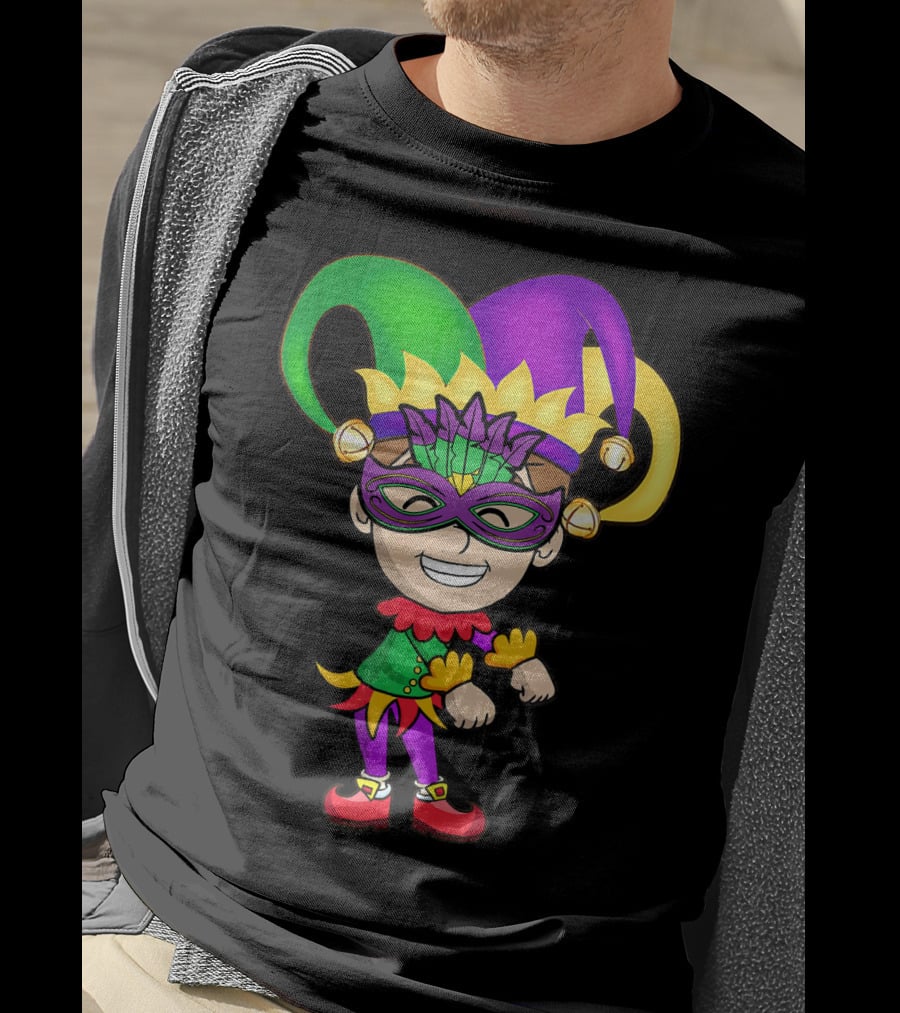 Mardi Gras Jester Kid Flossing Dance Colorful Mask And Costume T-Shirt