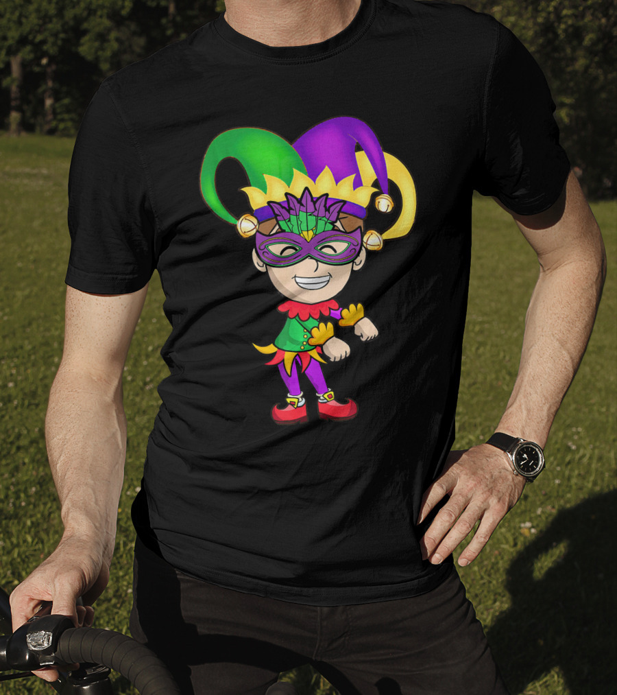 Mardi Gras Jester Kid Flossing Dance Colorful Mask And Costume T-Shirt