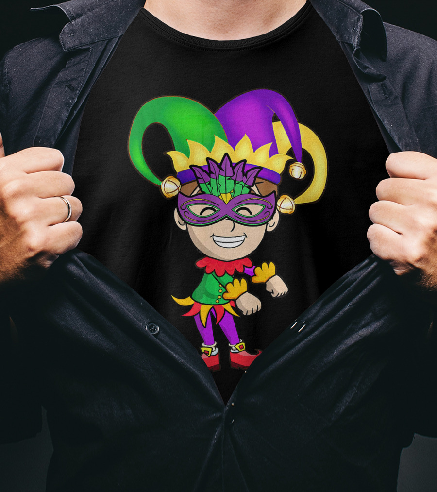 Mardi Gras Jester Kid Flossing Dance Colorful Mask And Costume T-Shirt