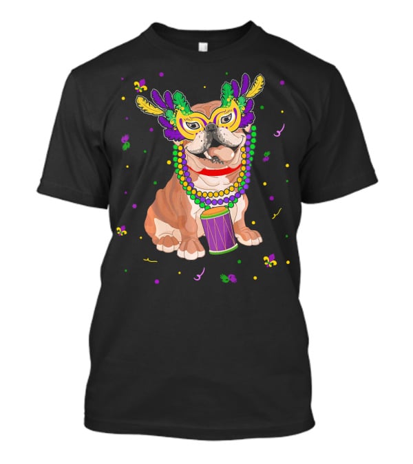 Cute Dog Mom Dog Dad English Bulldog Mardi Gras Beads And Mask T-Shirt