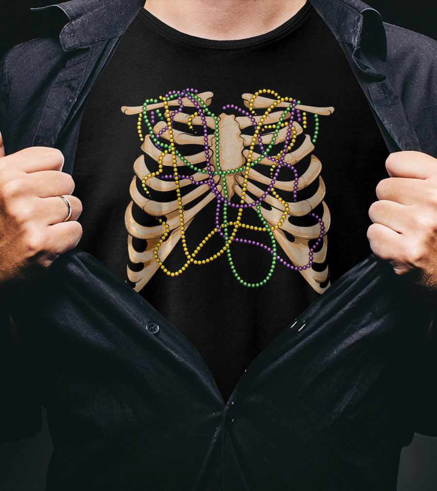 Mardi Gras Rib Cage Bone Skeleton Beads T-Shirt