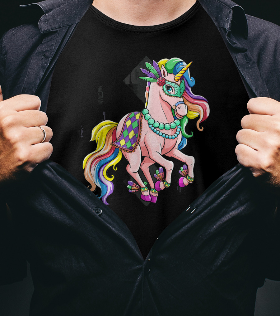 Mardi Gras Unicorn New Orleans Beads Mask Colorful Harlequin T-Shirt