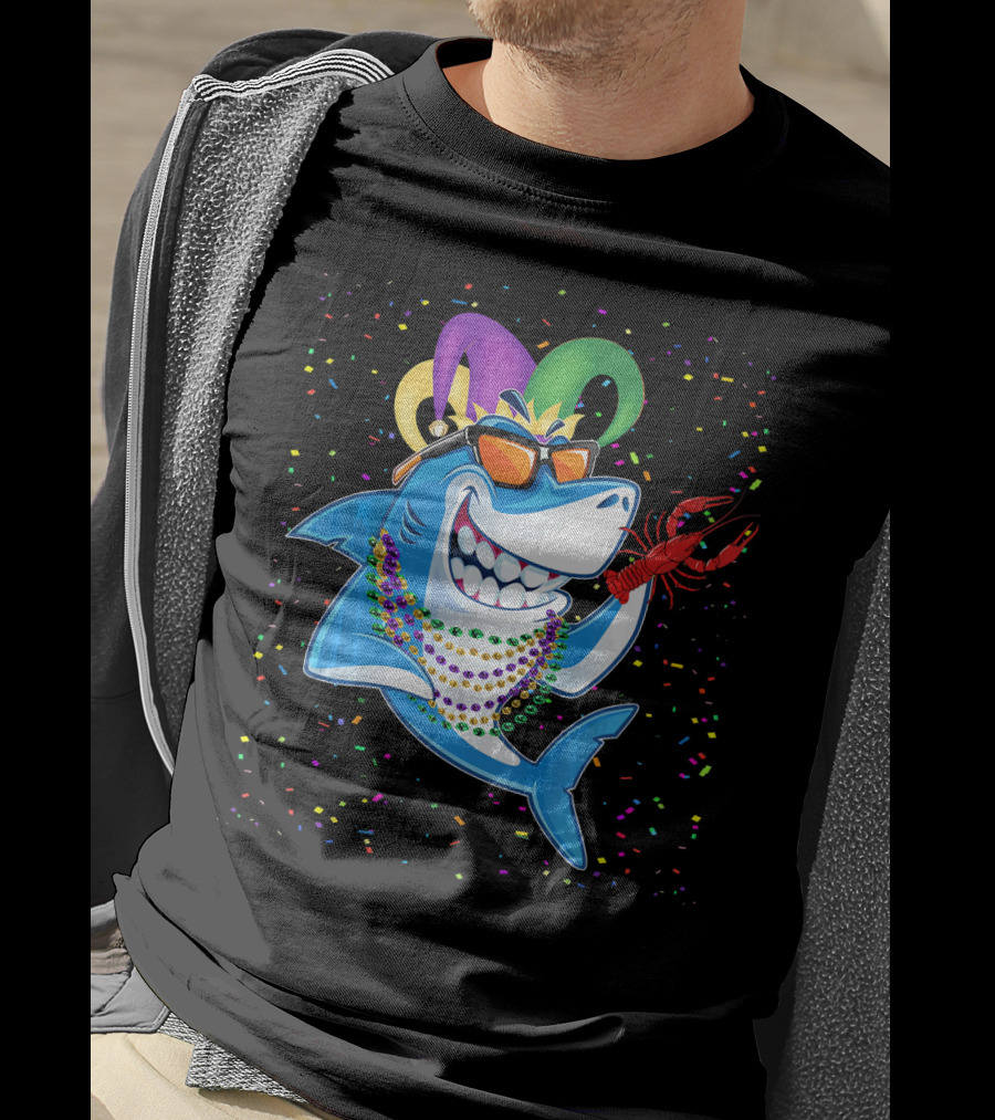 Funny Shark Mardi Gras Jester Beads Crawfish T-Shirt