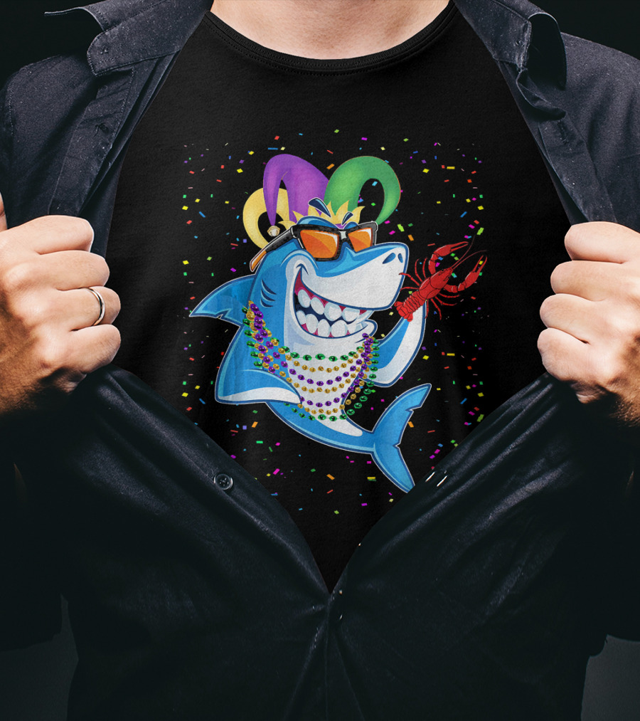Funny Shark Mardi Gras Jester Beads Crawfish T-Shirt