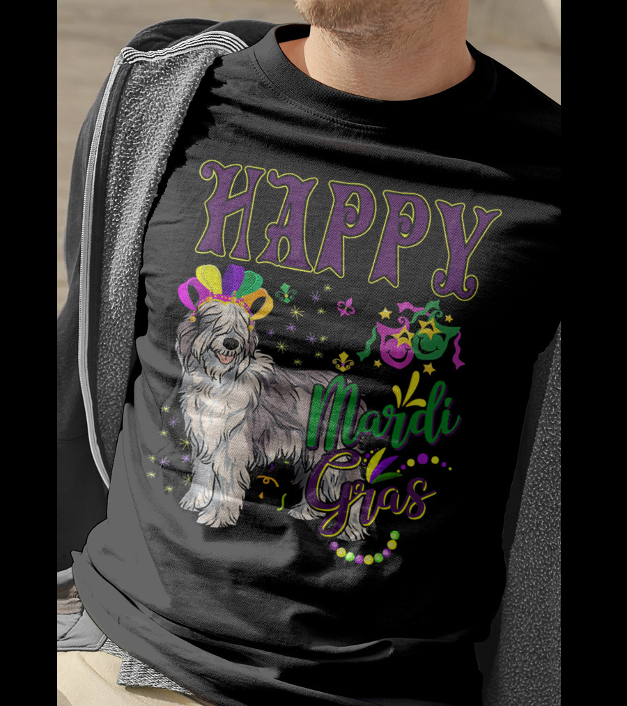 HAPPY Mardi Gras Olde English Sheepdog Mask Beads T-Shirt