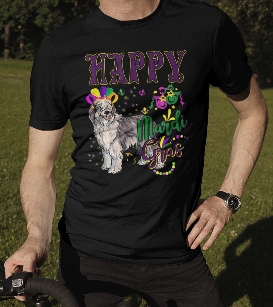 HAPPY Mardi Gras Olde English Sheepdog Mask Beads T-Shirt