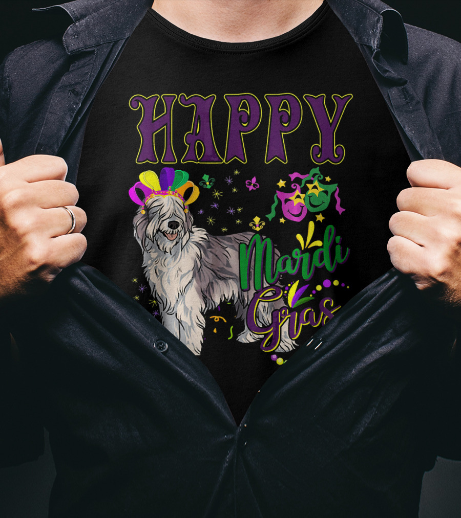 HAPPY Mardi Gras Olde English Sheepdog Mask Beads T-Shirt